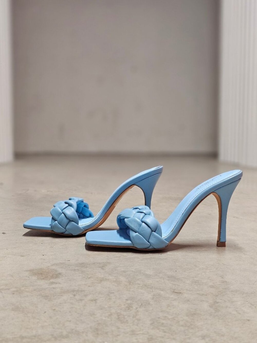 Braided Blue Mule Heels With Square Toe & Stiletto Design - Womens Size